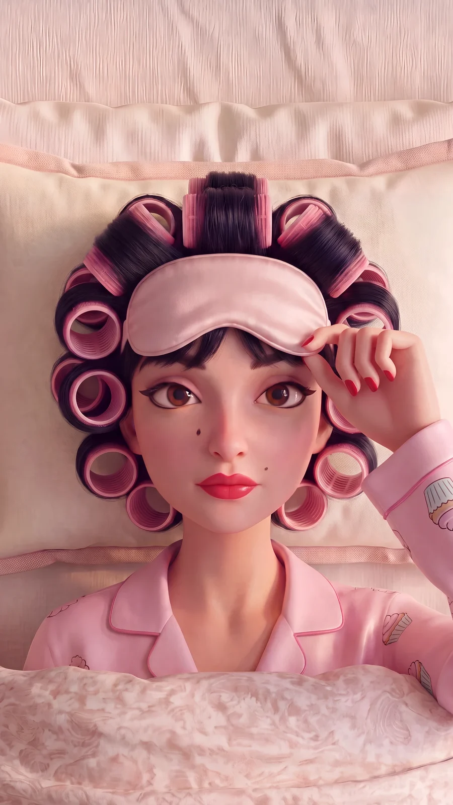 Cartone animato 3D: personaggio con bigodini e mascherina rosa