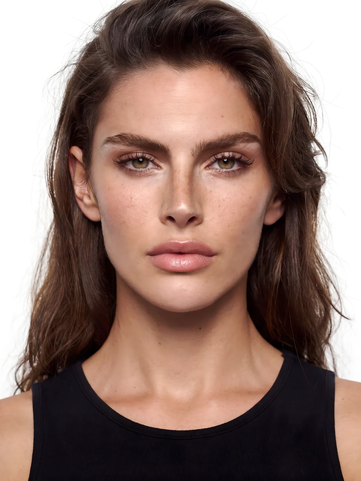Model Snap: ritratto frontale della modella con sfondo bianco