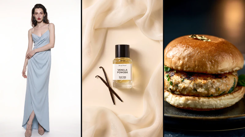 Tre lavori AI per i brand: abito lungo azzurro, profumo su seta, hamburger